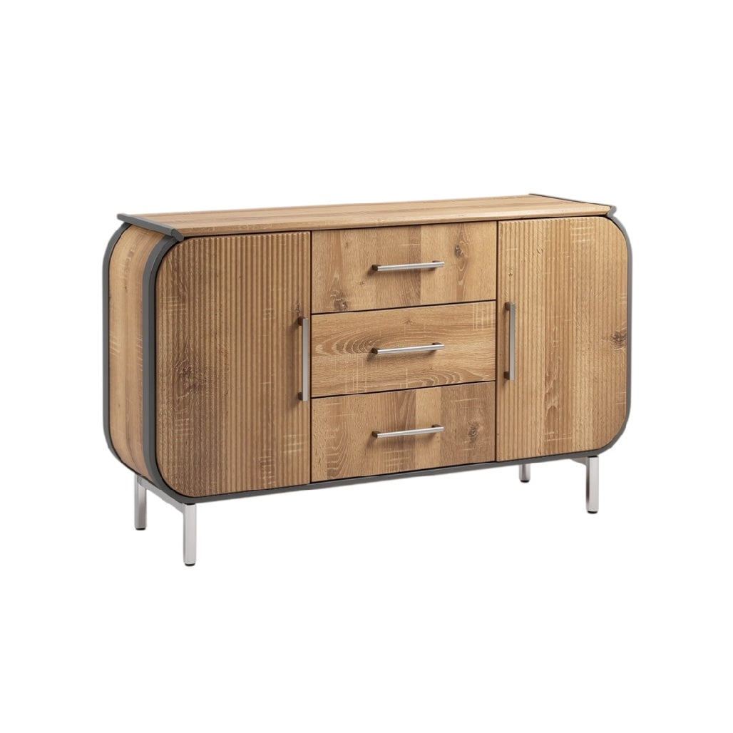 **Buffet contemporain en bois avec finitions métalliques et rangements intégrés**