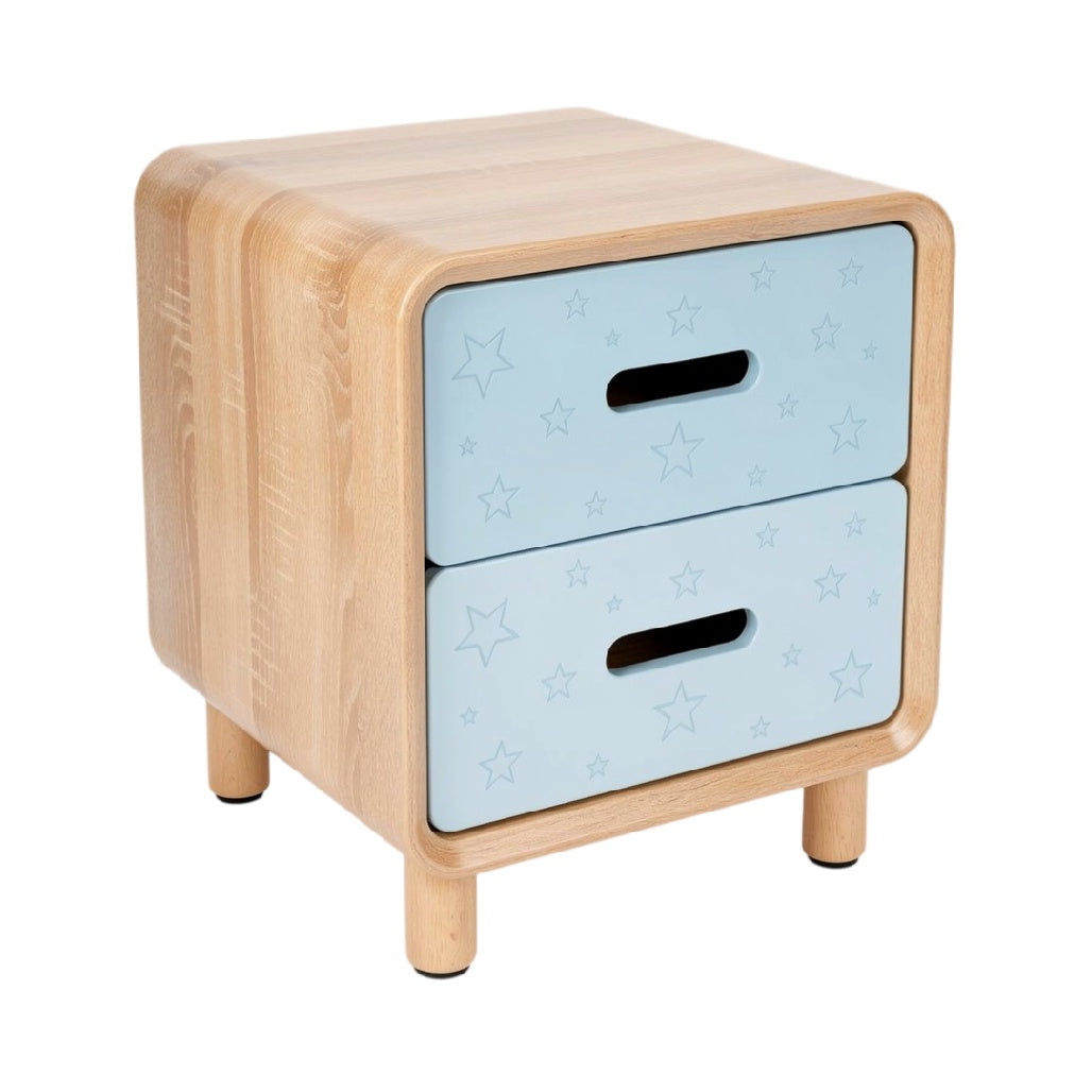 **Table de nuit en bois avec deux tiroirs bleus**