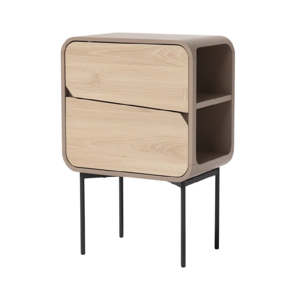 **Table de nuit moderne en bois avec rangement ouvert et tiroirs**